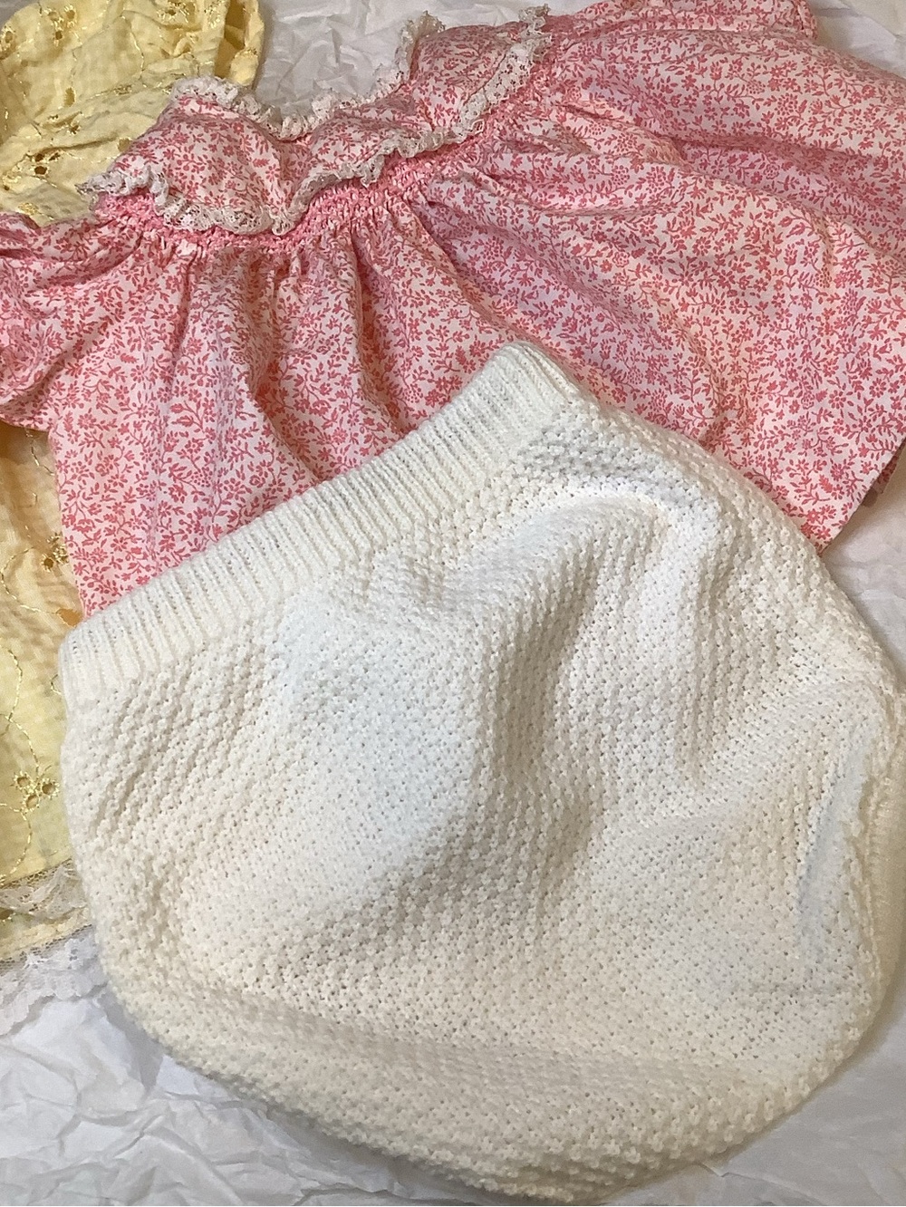 Lot VTG Pink Nanette & Yellow Rose Cottage NB-3M Baby or Doll Dresses & Bloomers